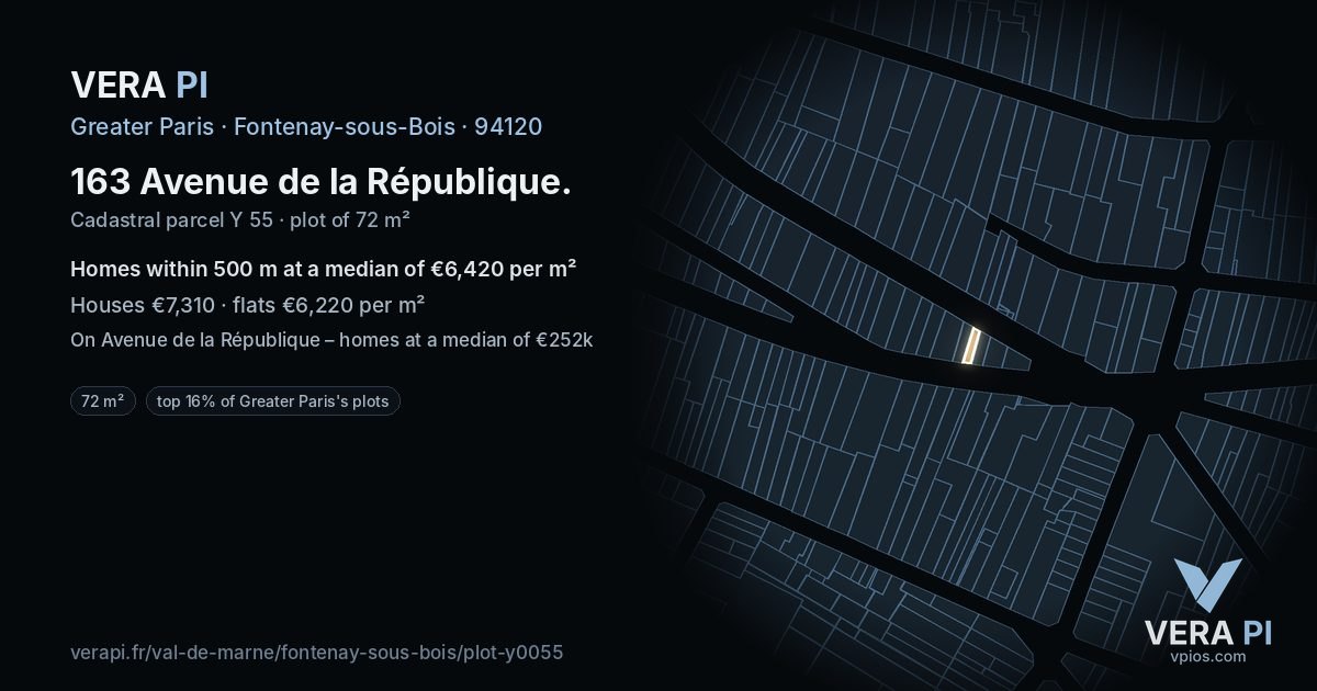 163 Avenue de la République, Fontenay-sous-Bois at night – the plot lit, the parcels around coloured by the prices near them