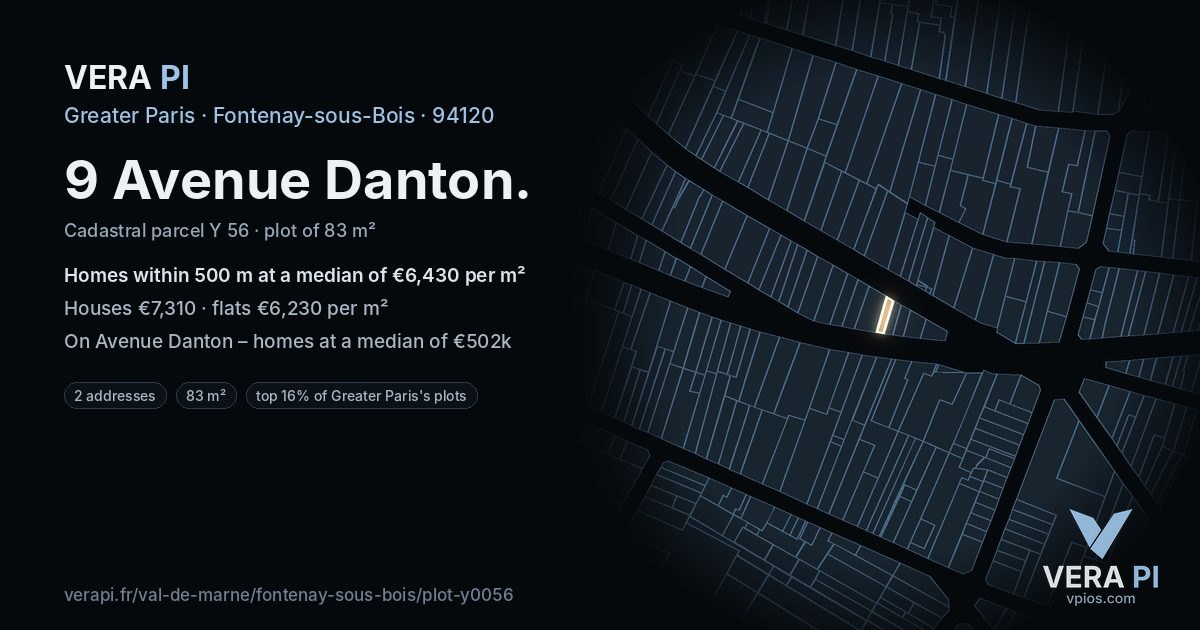 9 Avenue Danton, Fontenay-sous-Bois at night – the plot lit, the parcels around coloured by the prices near them