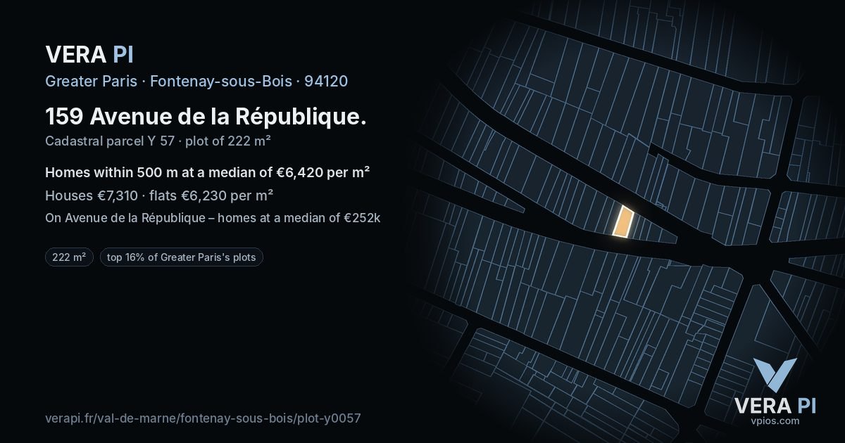 159 Avenue de la République, Fontenay-sous-Bois at night – the plot lit, the parcels around coloured by the prices near them