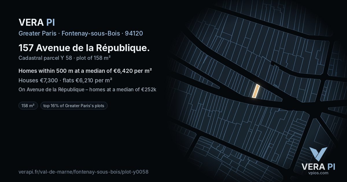 157 Avenue de la République, Fontenay-sous-Bois at night – the plot lit, the parcels around coloured by the prices near them