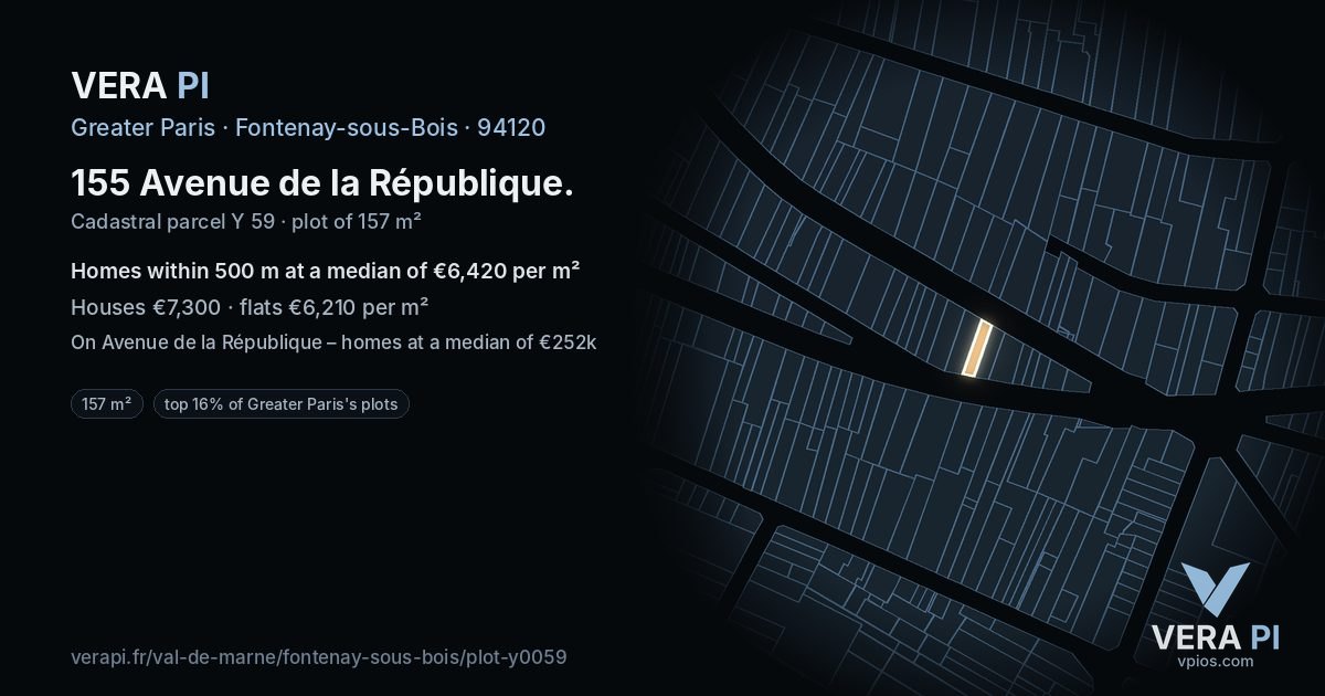 155 Avenue de la République, Fontenay-sous-Bois at night – the plot lit, the parcels around coloured by the prices near them