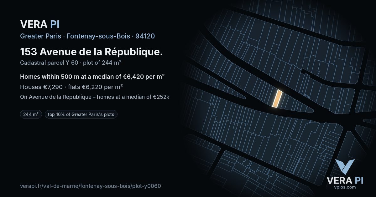 153 Avenue de la République, Fontenay-sous-Bois at night – the plot lit, the parcels around coloured by the prices near them