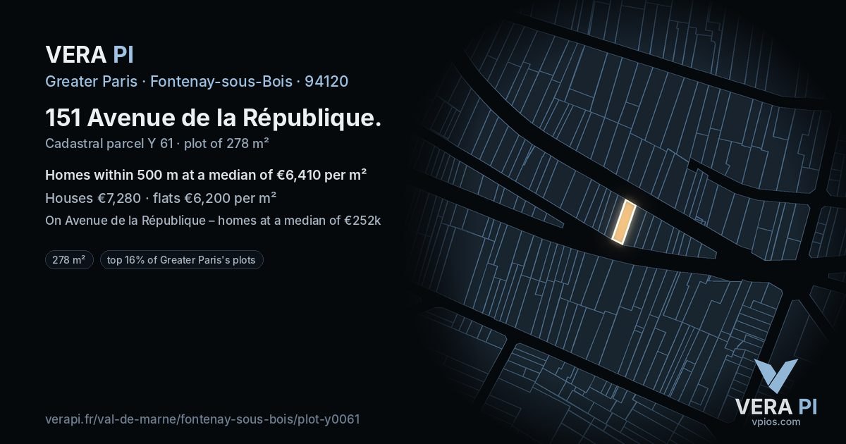 151 Avenue de la République, Fontenay-sous-Bois at night – the plot lit, the parcels around coloured by the prices near them