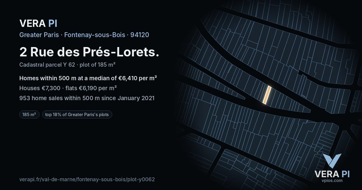 2 Rue des Prés-Lorets, Fontenay-sous-Bois at night – the plot lit, the parcels around coloured by the prices near them
