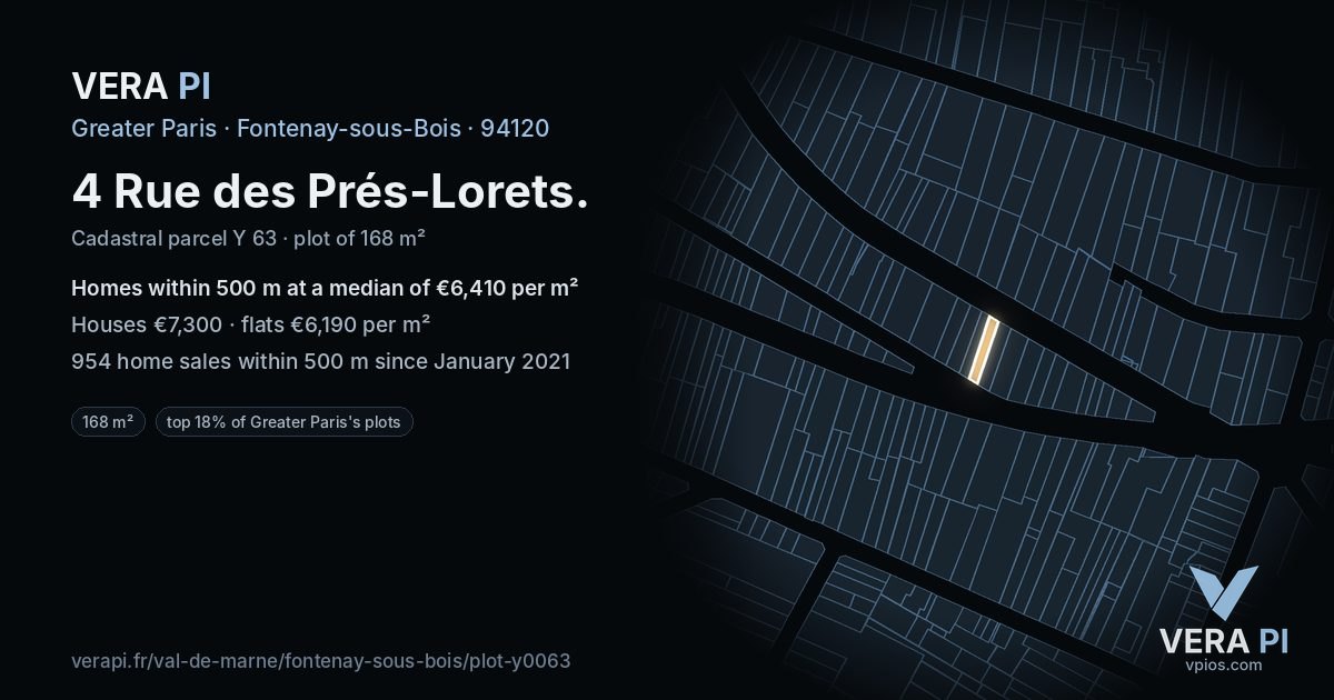 4 Rue des Prés-Lorets, Fontenay-sous-Bois at night – the plot lit, the parcels around coloured by the prices near them