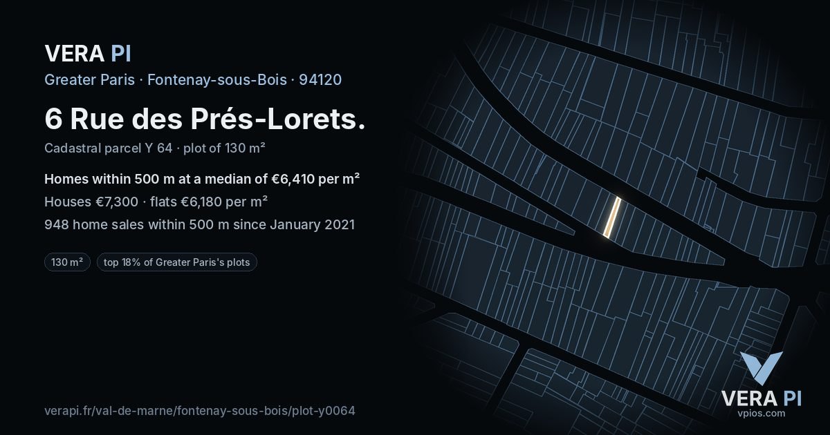 6 Rue des Prés-Lorets, Fontenay-sous-Bois at night – the plot lit, the parcels around coloured by the prices near them