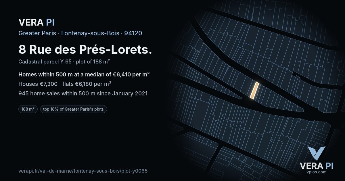 8 Rue des Prés-Lorets, Fontenay-sous-Bois at night – the plot lit, the parcels around coloured by the prices near them
