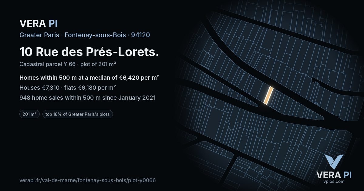 10 Rue des Prés-Lorets, Fontenay-sous-Bois at night – the plot lit, the parcels around coloured by the prices near them