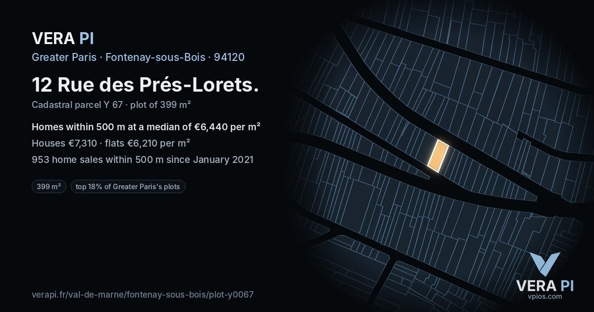 12 Rue des Prés-Lorets, Fontenay-sous-Bois at night – the plot lit, the parcels around coloured by the prices near them