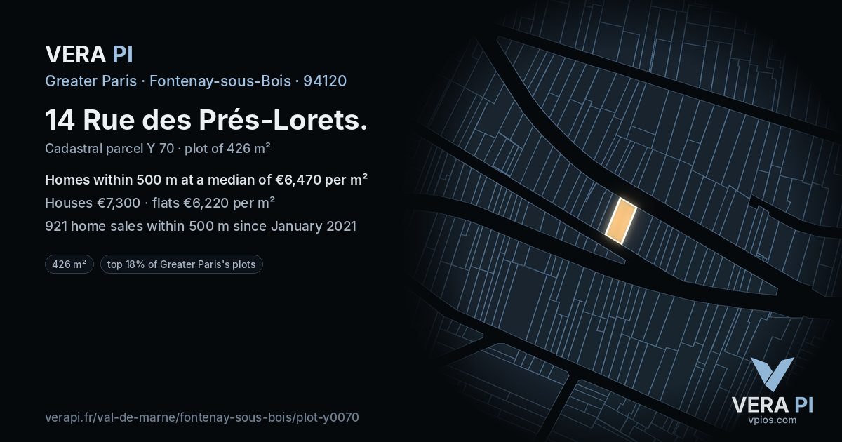 14 Rue des Prés-Lorets, Fontenay-sous-Bois at night – the plot lit, the parcels around coloured by the prices near them