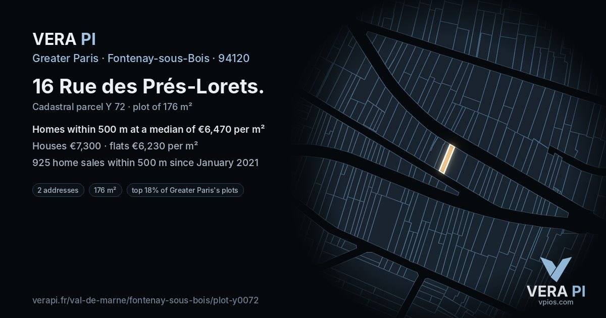 16 Rue des Prés-Lorets, Fontenay-sous-Bois at night – the plot lit, the parcels around coloured by the prices near them