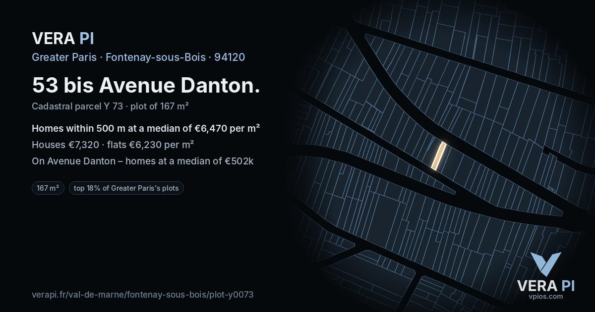 53 bis Avenue Danton, Fontenay-sous-Bois at night – the plot lit, the parcels around coloured by the prices near them