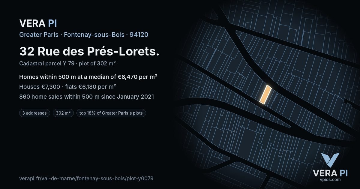 32 Rue des Prés-Lorets, Fontenay-sous-Bois at night – the plot lit, the parcels around coloured by the prices near them