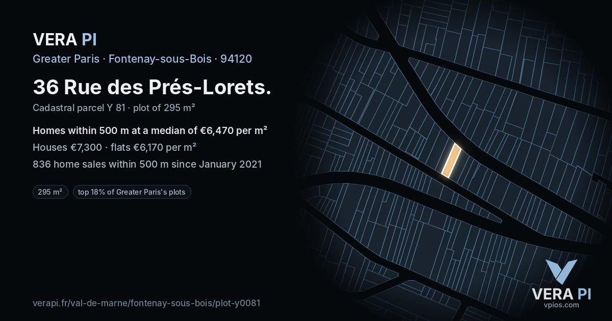 36 Rue des Prés-Lorets, Fontenay-sous-Bois at night – the plot lit, the parcels around coloured by the prices near them