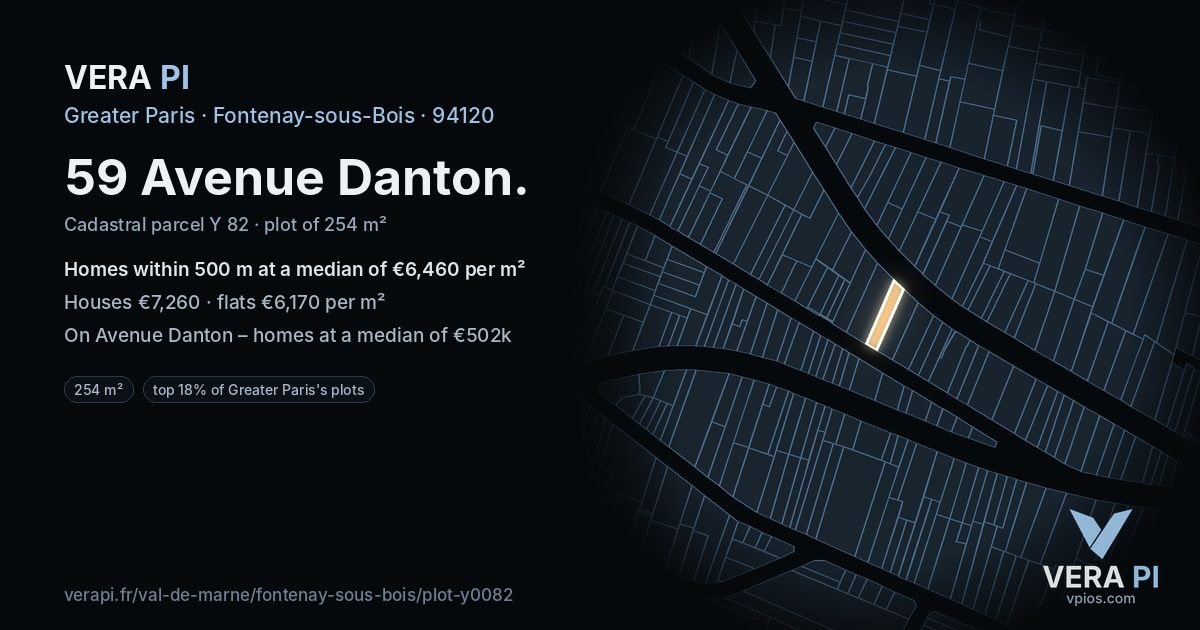 59 Avenue Danton, Fontenay-sous-Bois at night – the plot lit, the parcels around coloured by the prices near them