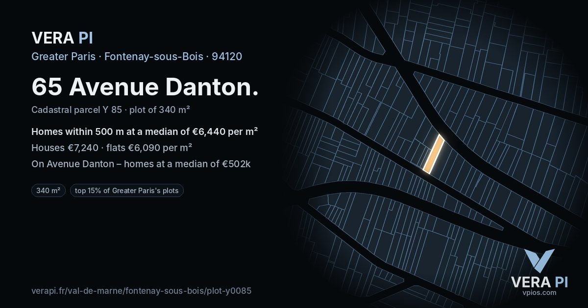 65 Avenue Danton, Fontenay-sous-Bois at night – the plot lit, the parcels around coloured by the prices near them