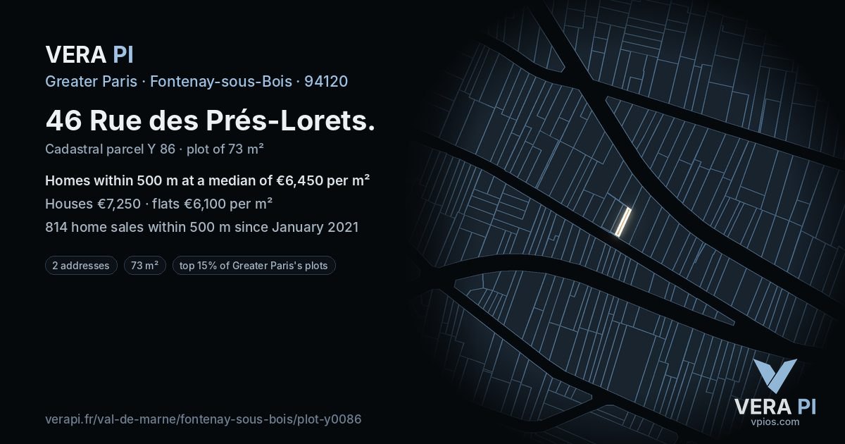 46 Rue des Prés-Lorets, Fontenay-sous-Bois at night – the plot lit, the parcels around coloured by the prices near them