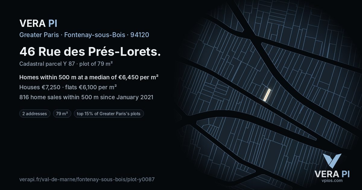46 Rue des Prés-Lorets, Fontenay-sous-Bois at night – the plot lit, the parcels around coloured by the prices near them
