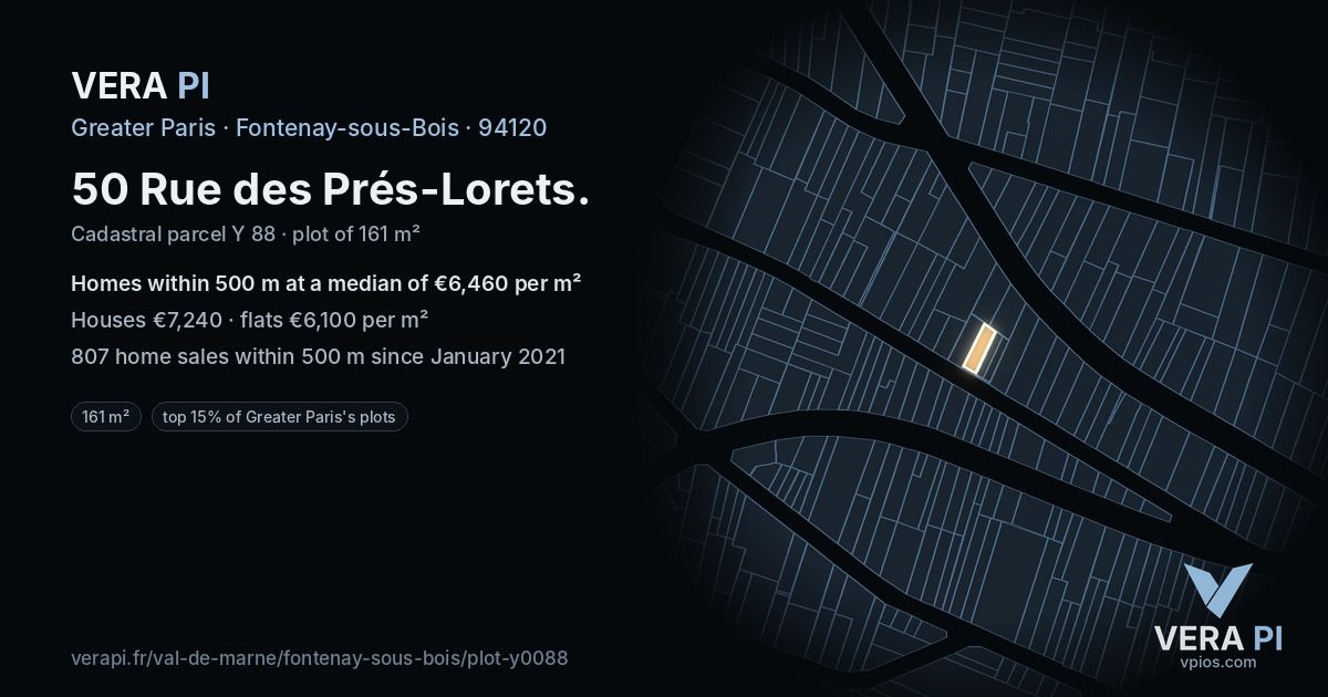 50 Rue des Prés-Lorets, Fontenay-sous-Bois at night – the plot lit, the parcels around coloured by the prices near them