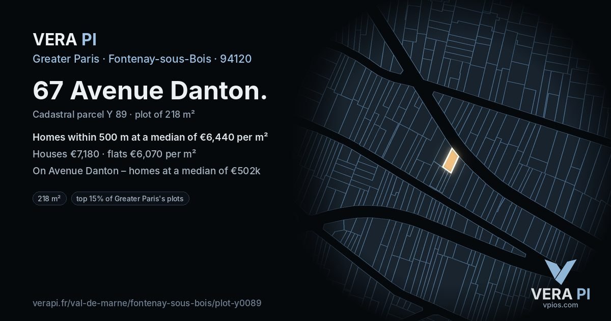 67 Avenue Danton, Fontenay-sous-Bois at night – the plot lit, the parcels around coloured by the prices near them