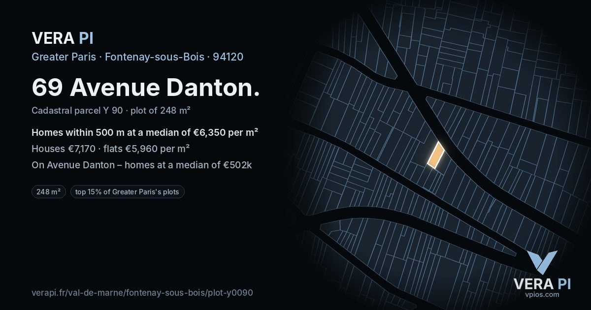 69 Avenue Danton, Fontenay-sous-Bois at night – the plot lit, the parcels around coloured by the prices near them