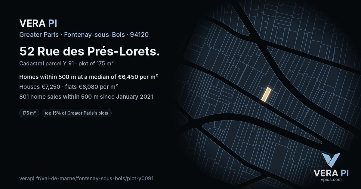 52 Rue des Prés-Lorets, Fontenay-sous-Bois at night – the plot lit, the parcels around coloured by the prices near them
