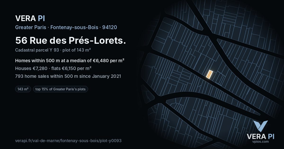56 Rue des Prés-Lorets, Fontenay-sous-Bois at night – the plot lit, the parcels around coloured by the prices near them