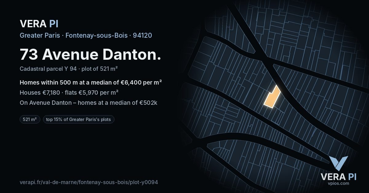 73 Avenue Danton, Fontenay-sous-Bois at night – the plot lit, the parcels around coloured by the prices near them