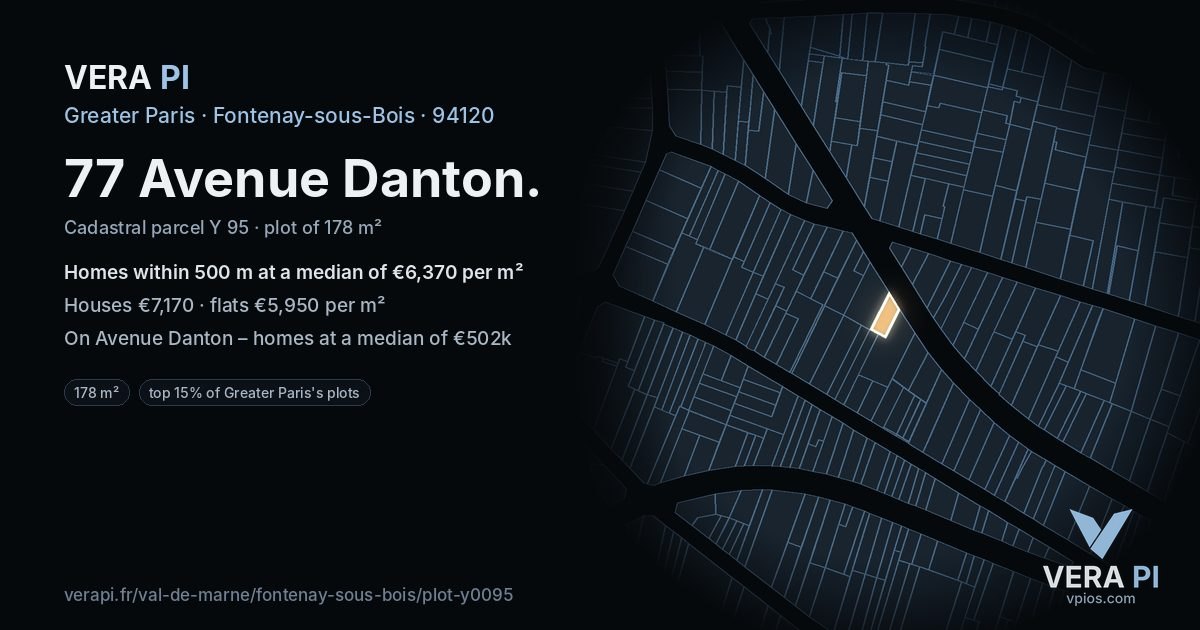 77 Avenue Danton, Fontenay-sous-Bois at night – the plot lit, the parcels around coloured by the prices near them