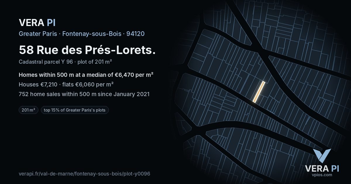 58 Rue des Prés-Lorets, Fontenay-sous-Bois at night – the plot lit, the parcels around coloured by the prices near them