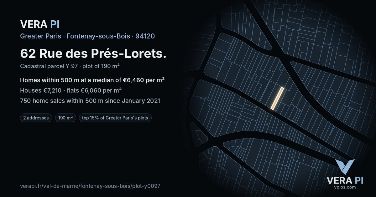 62 Rue des Prés-Lorets, Fontenay-sous-Bois at night – the plot lit, the parcels around coloured by the prices near them