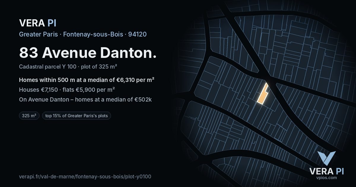 83 Avenue Danton, Fontenay-sous-Bois at night – the plot lit, the parcels around coloured by the prices near them