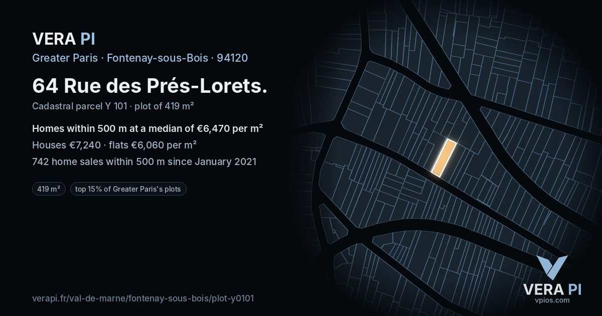 64 Rue des Prés-Lorets, Fontenay-sous-Bois at night – the plot lit, the parcels around coloured by the prices near them