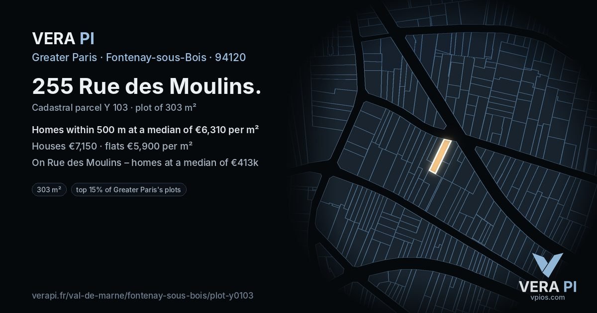 255 Rue des Moulins, Fontenay-sous-Bois at night – the plot lit, the parcels around coloured by the prices near them