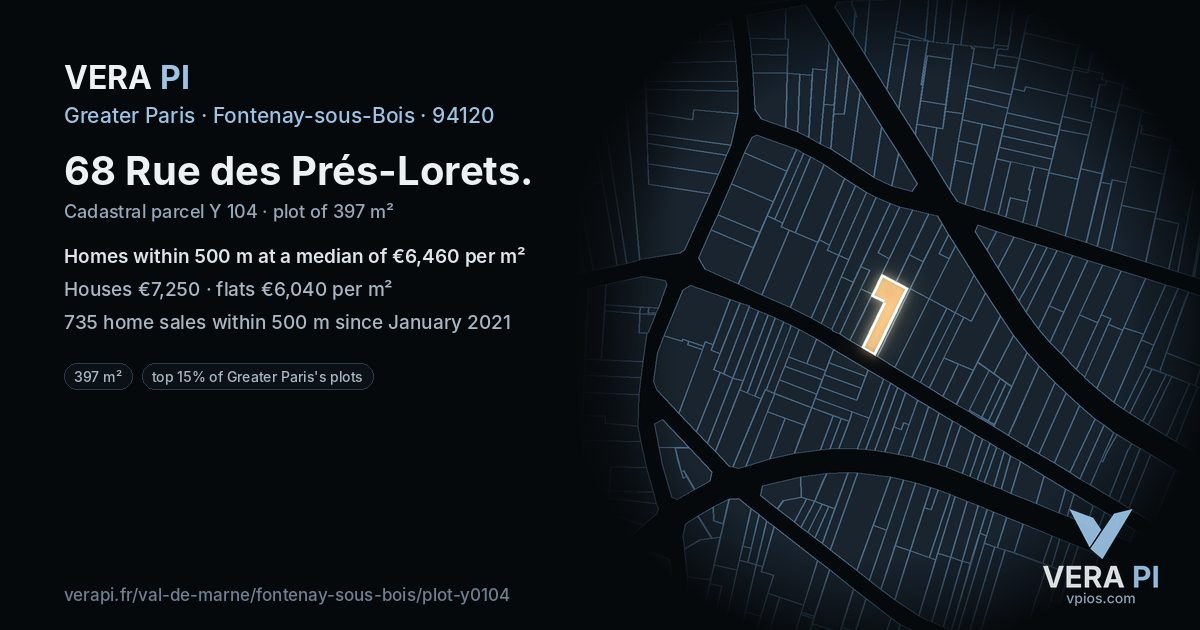 68 Rue des Prés-Lorets, Fontenay-sous-Bois at night – the plot lit, the parcels around coloured by the prices near them