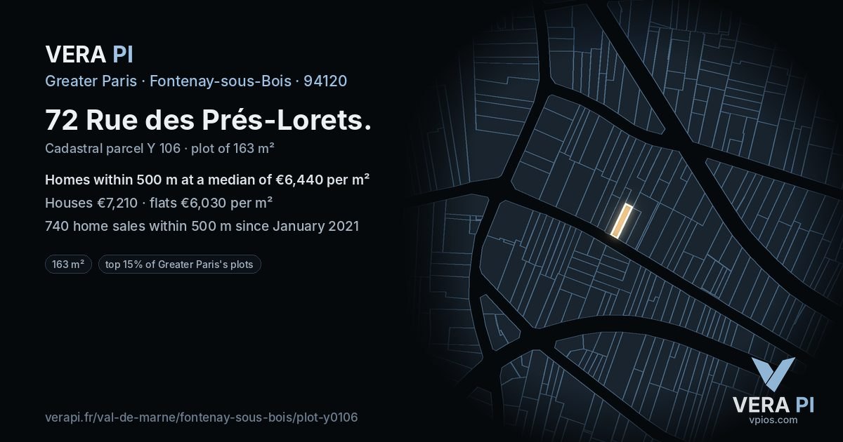 72 Rue des Prés-Lorets, Fontenay-sous-Bois at night – the plot lit, the parcels around coloured by the prices near them