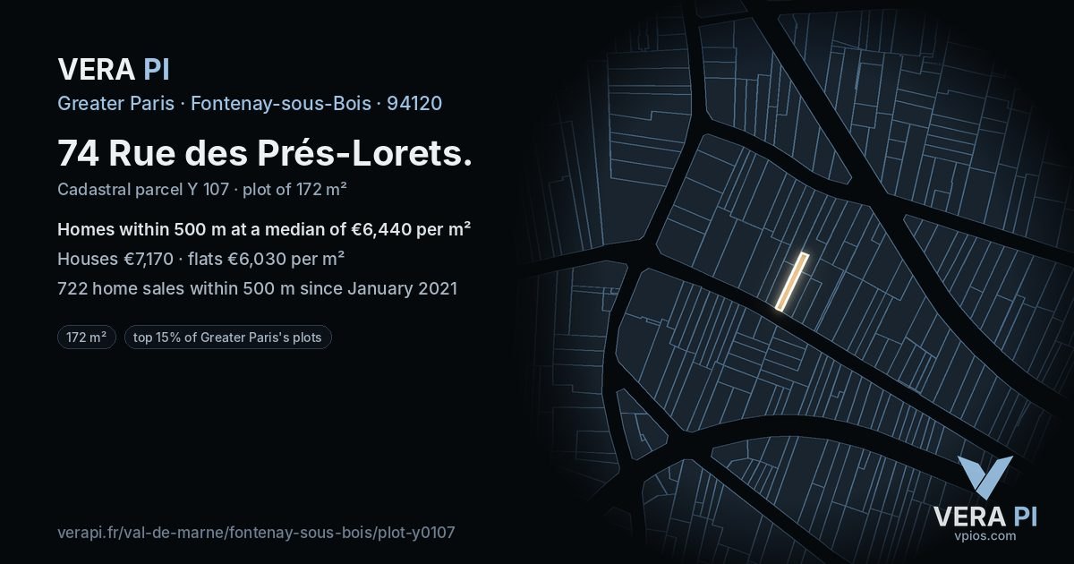74 Rue des Prés-Lorets, Fontenay-sous-Bois at night – the plot lit, the parcels around coloured by the prices near them