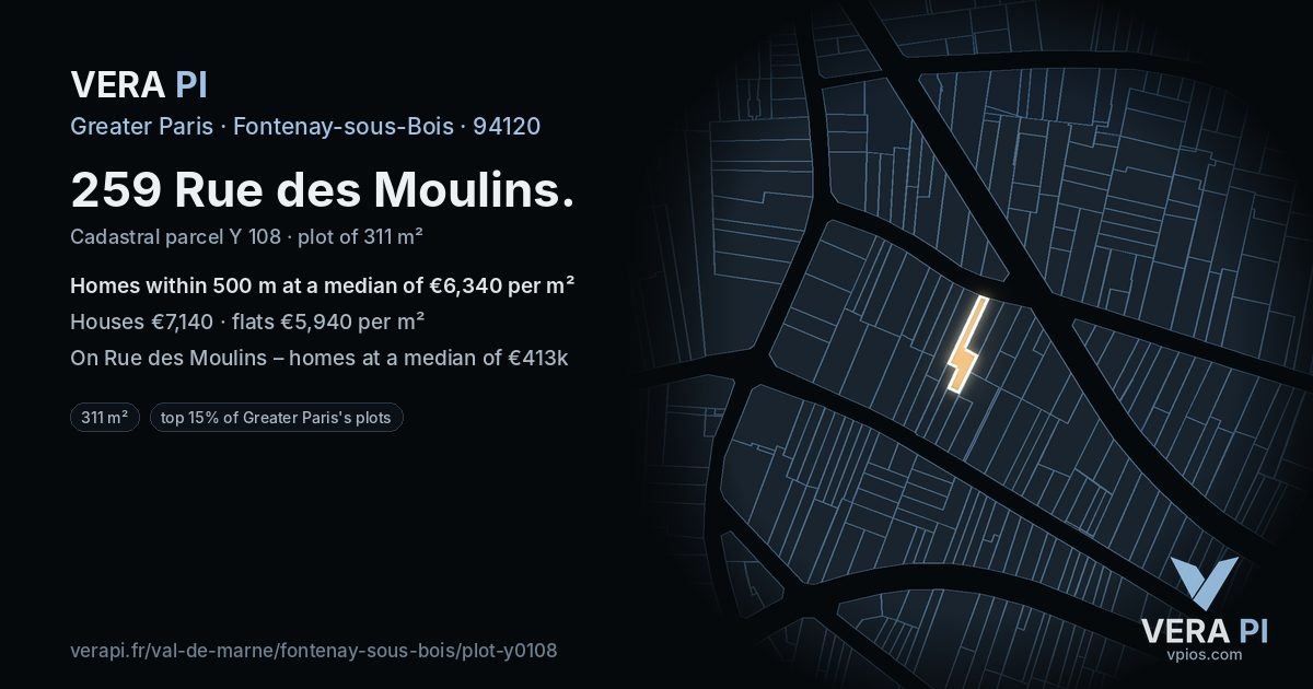 259 Rue des Moulins, Fontenay-sous-Bois at night – the plot lit, the parcels around coloured by the prices near them