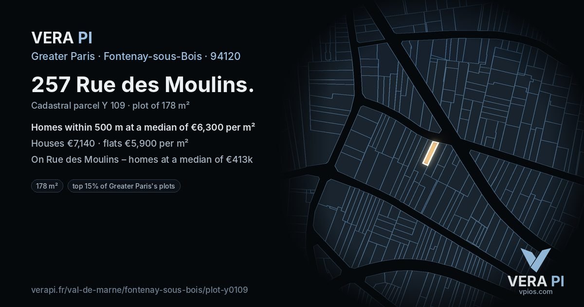 257 Rue des Moulins, Fontenay-sous-Bois at night – the plot lit, the parcels around coloured by the prices near them