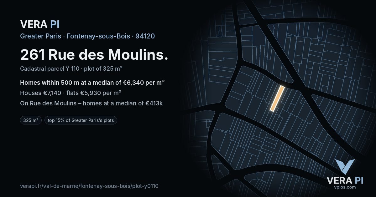 261 Rue des Moulins, Fontenay-sous-Bois at night – the plot lit, the parcels around coloured by the prices near them