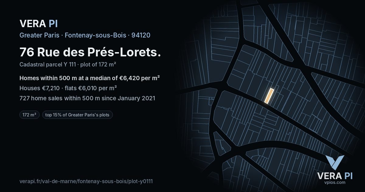 76 Rue des Prés-Lorets, Fontenay-sous-Bois at night – the plot lit, the parcels around coloured by the prices near them