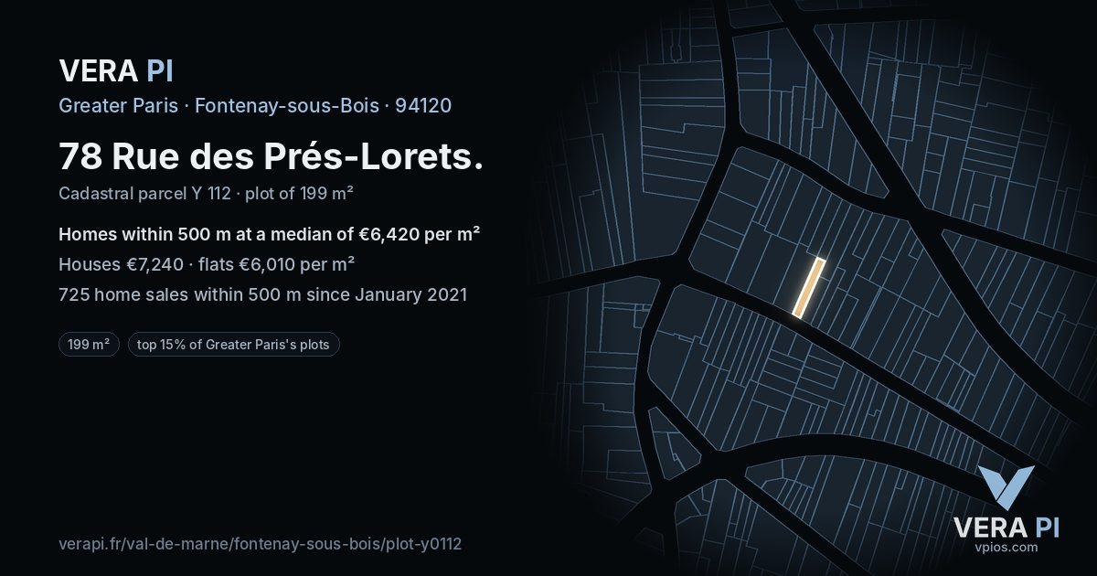 78 Rue des Prés-Lorets, Fontenay-sous-Bois at night – the plot lit, the parcels around coloured by the prices near them