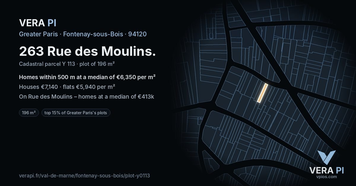 263 Rue des Moulins, Fontenay-sous-Bois at night – the plot lit, the parcels around coloured by the prices near them