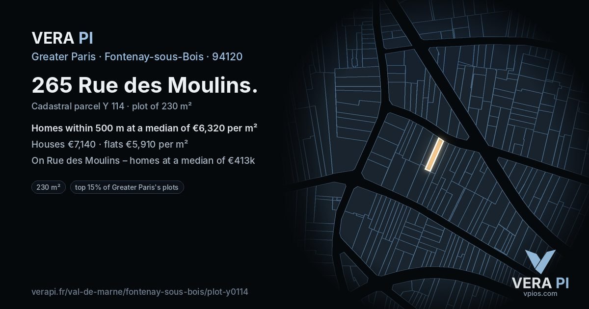 265 Rue des Moulins, Fontenay-sous-Bois at night – the plot lit, the parcels around coloured by the prices near them