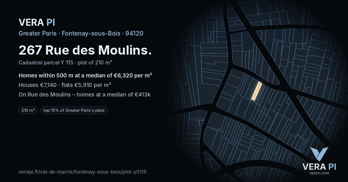 267 Rue des Moulins, Fontenay-sous-Bois at night – the plot lit, the parcels around coloured by the prices near them
