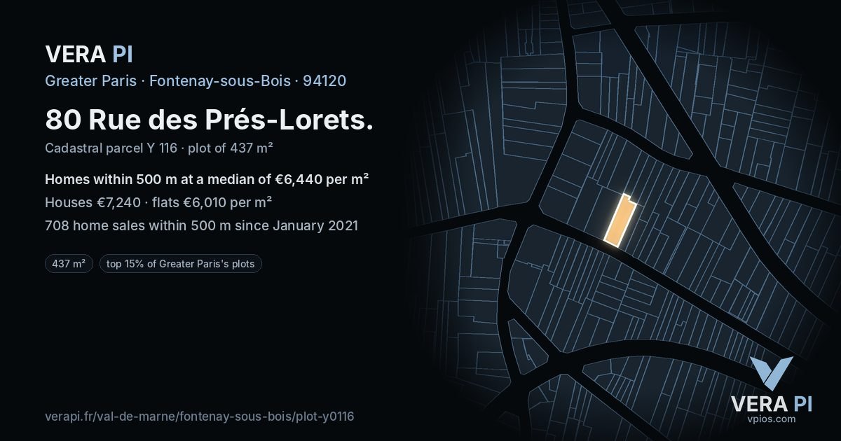 80 Rue des Prés-Lorets, Fontenay-sous-Bois at night – the plot lit, the parcels around coloured by the prices near them