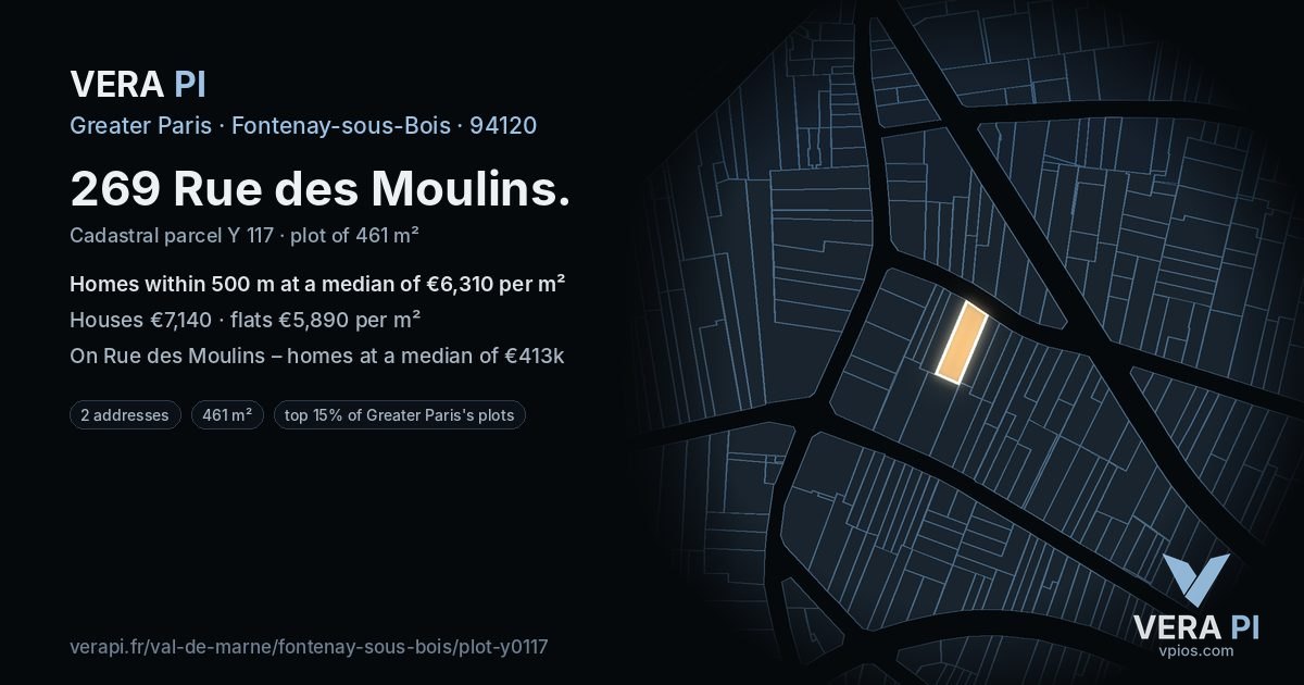 269 Rue des Moulins, Fontenay-sous-Bois at night – the plot lit, the parcels around coloured by the prices near them