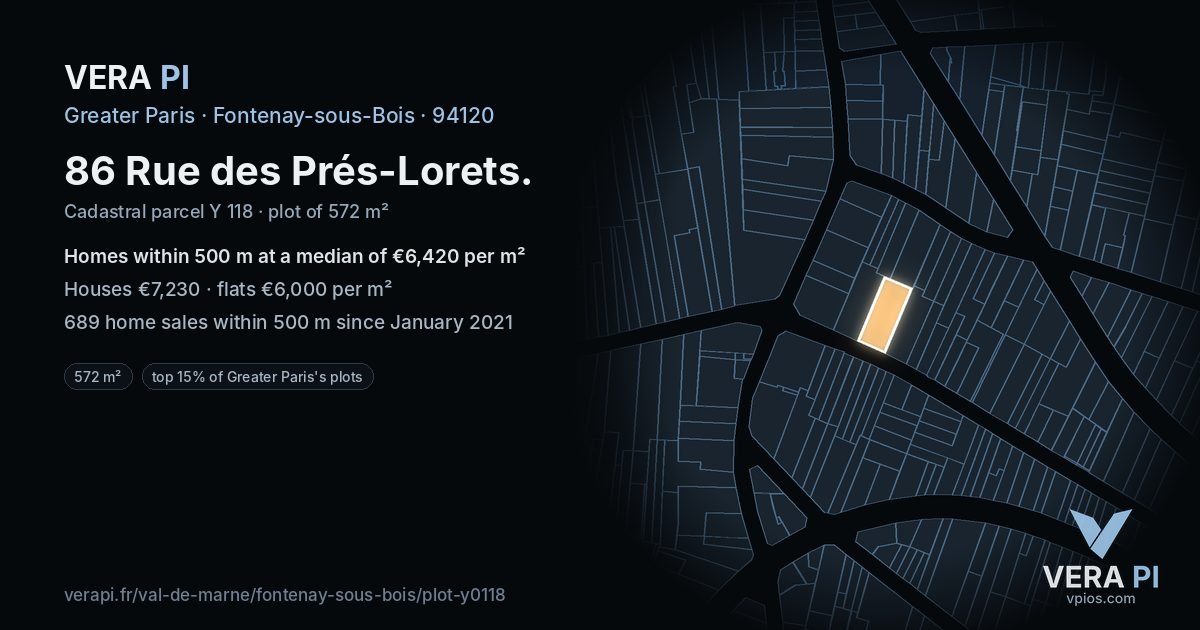 86 Rue des Prés-Lorets, Fontenay-sous-Bois at night – the plot lit, the parcels around coloured by the prices near them