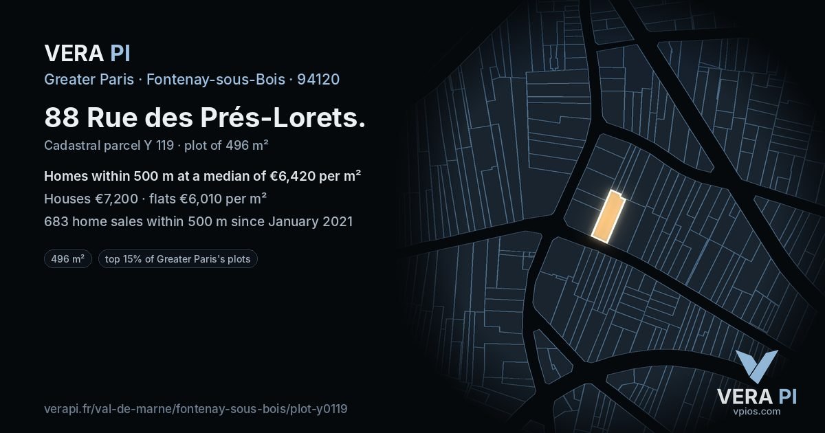 88 Rue des Prés-Lorets, Fontenay-sous-Bois at night – the plot lit, the parcels around coloured by the prices near them