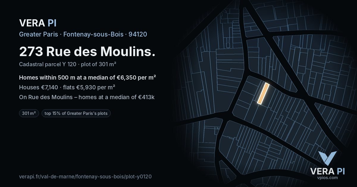 273 Rue des Moulins, Fontenay-sous-Bois at night – the plot lit, the parcels around coloured by the prices near them
